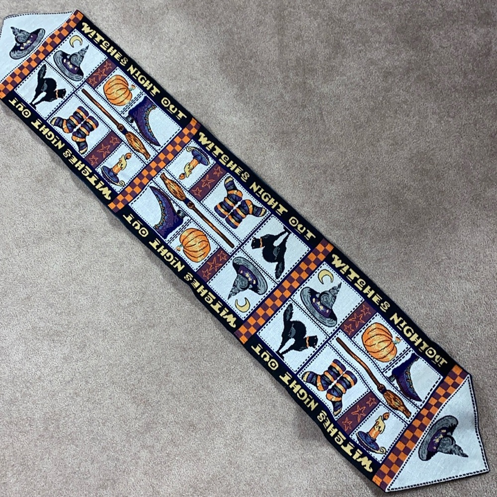 Halloween WITCHES NIGHT OUT Cat Pumpkin Broom Table Runner 13” X 70”